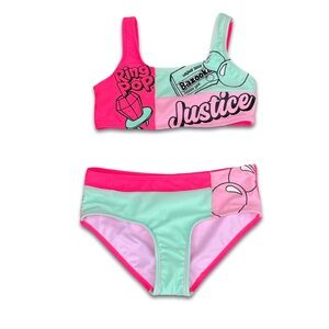 🏝️ girls medium NWOT Justice Bazooka Ring Pop Pink Logo 2 Piece Bikini Swimsuit